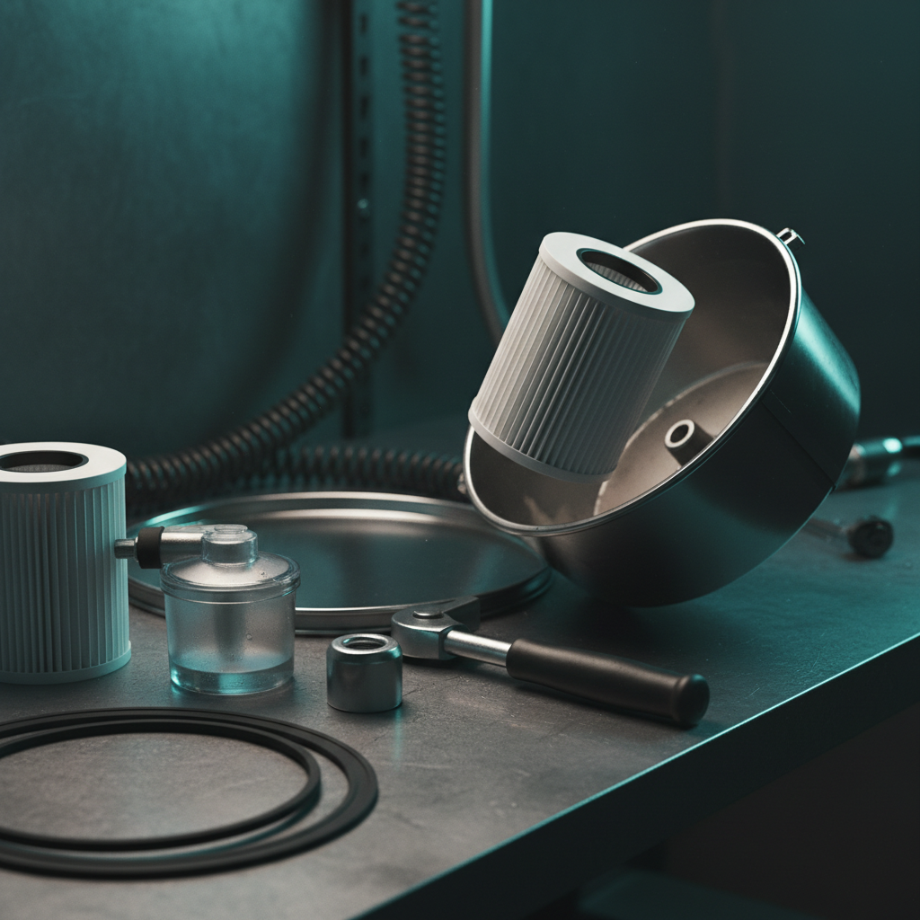 Maintenance bench showing cartridge filter removed from stainless vacuum head, spare pleated filter, filter-regulator bowl, muffler, and replacement drum lid gasket.