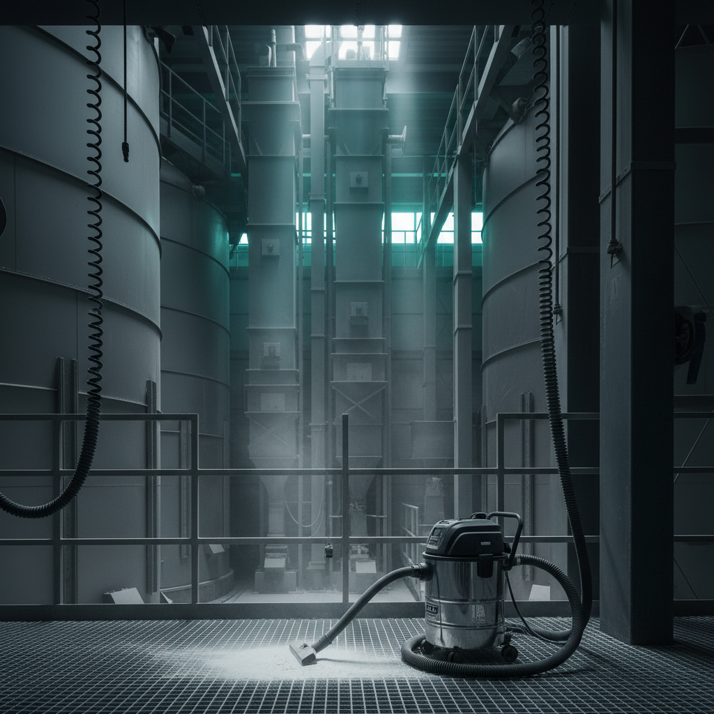 Grain and flour handling facility interior with a grounded air-powered vacuum and static-conductive hose recovering flour dust.
