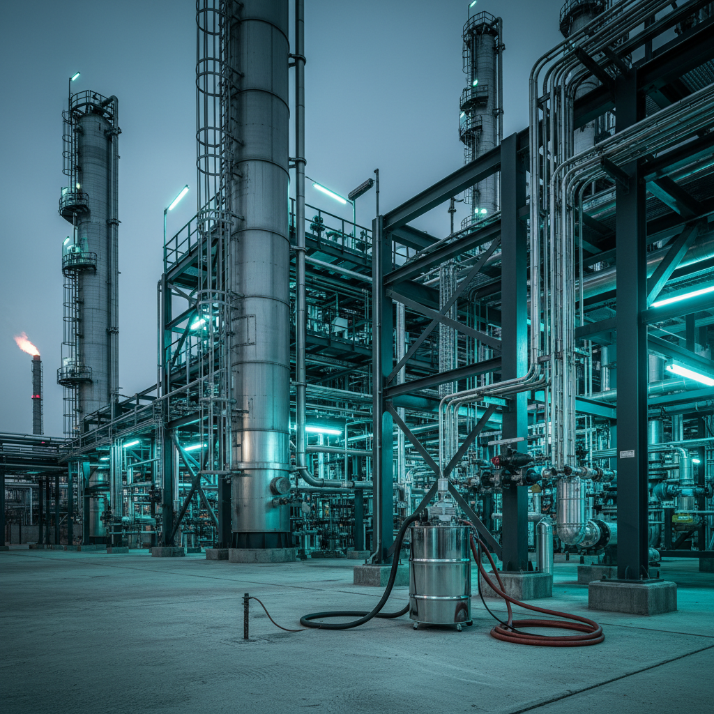 Chemical and petrochemical process unit at dusk with distillation columns, pipe racks, and an air-powered drum vacuum with grounding strap on a concrete pad.