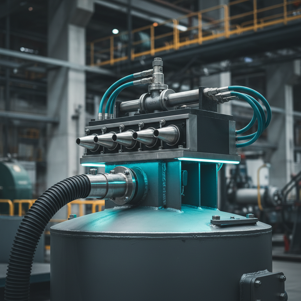 Heavy-duty multi-venturi vacuum head with parallel ejector nozzles on a large steel vessel and a long suction hose.
