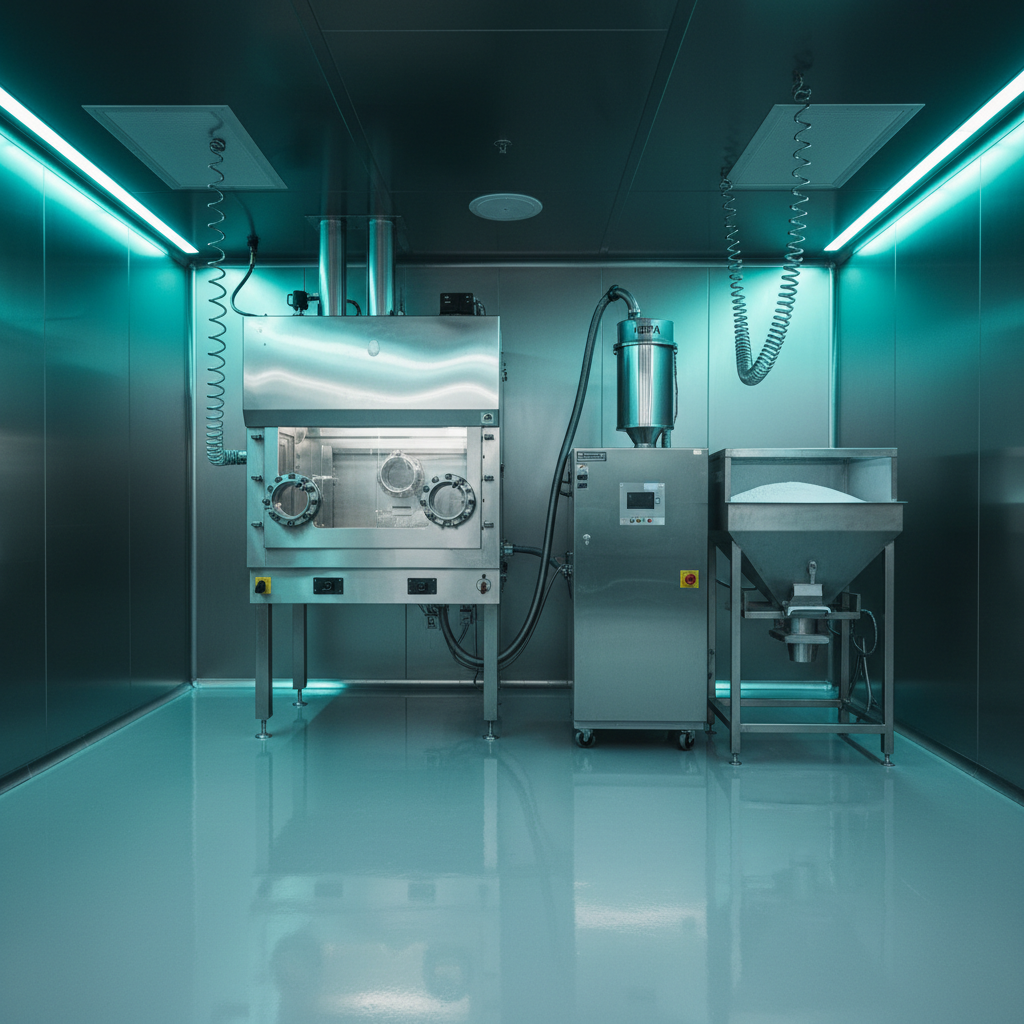 Pharmaceutical powder handling suite with a polished 316 stainless air-powered vacuum and HEPA filter housing.