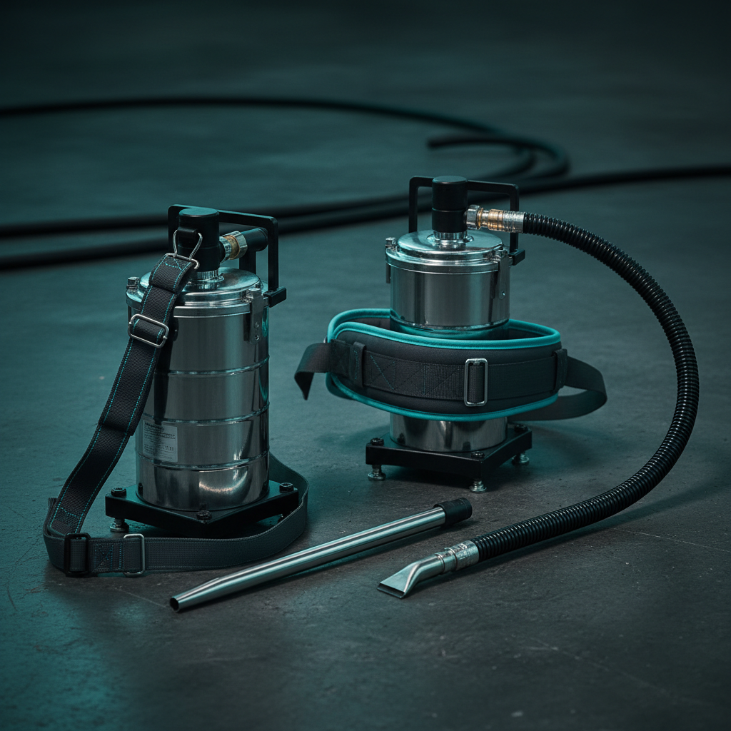 Compact portable air-powered industrial vacuum with a shoulder harness, a hip-carried variant, suction wand and crevice tools, and a coiled compressed air whip hose