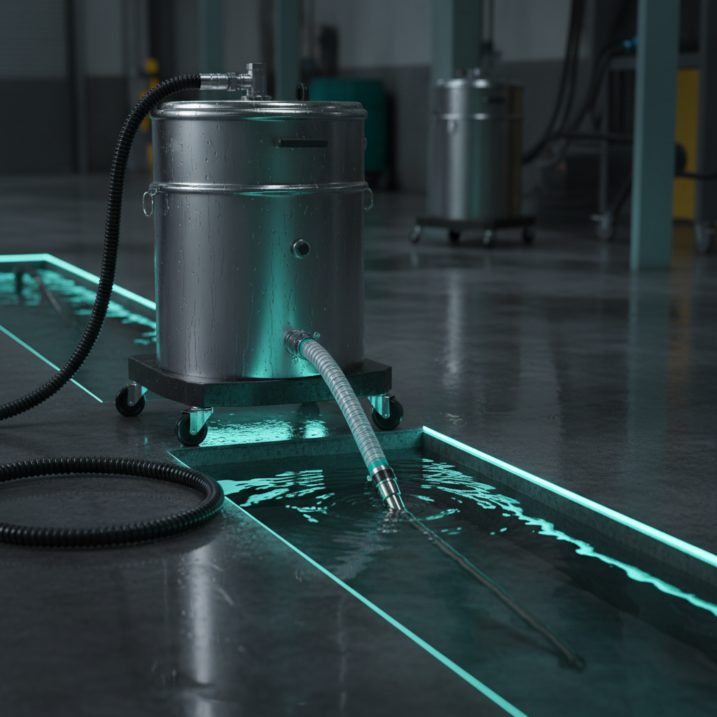 Air-powered wet/dry recovery vacuum on a flooded floor trench with liquid discharge hose and submerged wand.